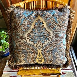 Large Blue and Brown Tapestry Pillow w/ Fringe